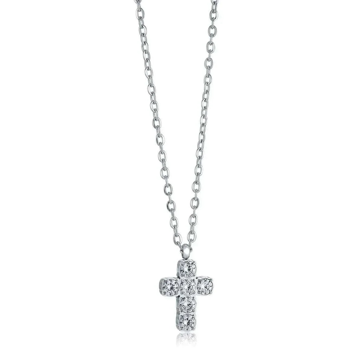 small gold cross necklace with sparkling CZ stones on 316L stainless steel chain