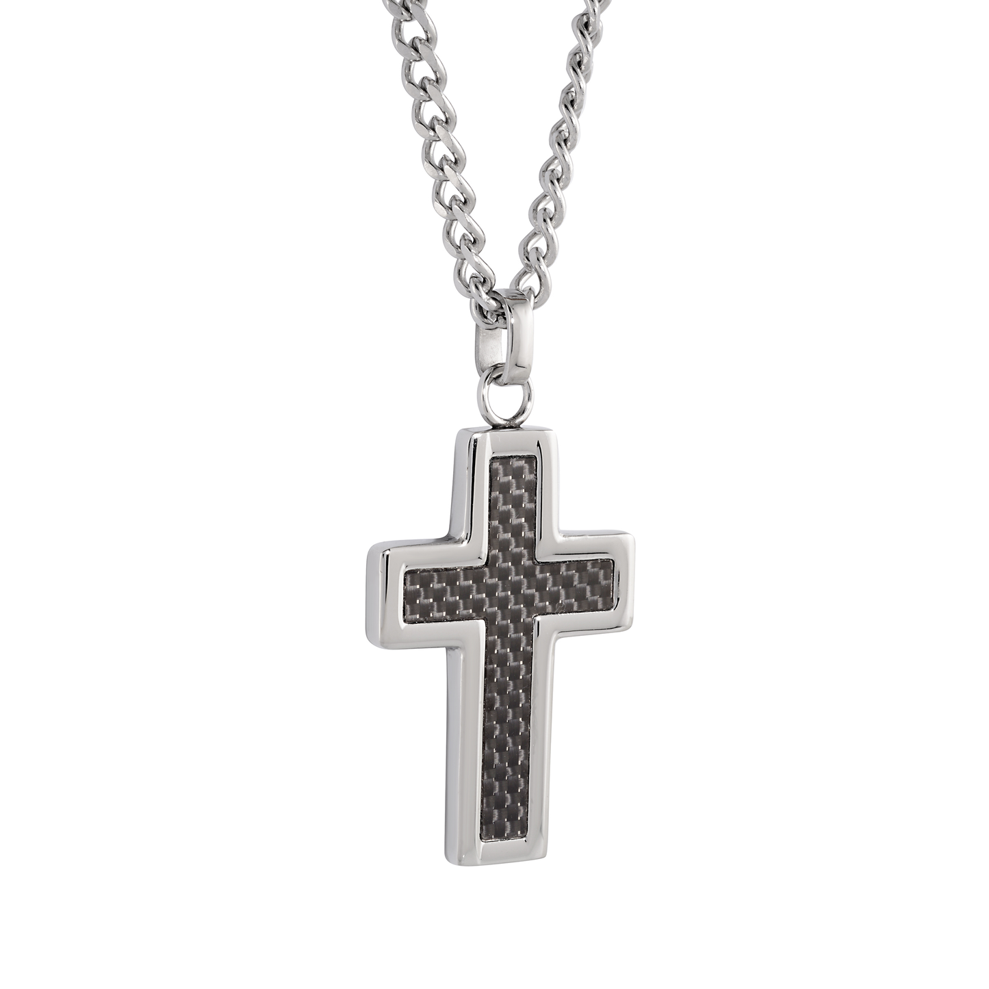 Cross pendant necklace with carbon fiber inlay on a white background, Stainless steel cross necklace, stainless steel pendant, stainless steel cross chain