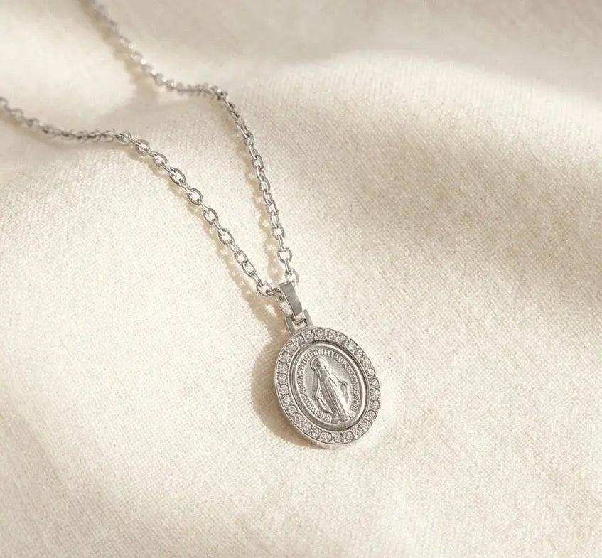 Virgin Mary Oval Full White CZ | 18” Stainless Steel Gospel Selections