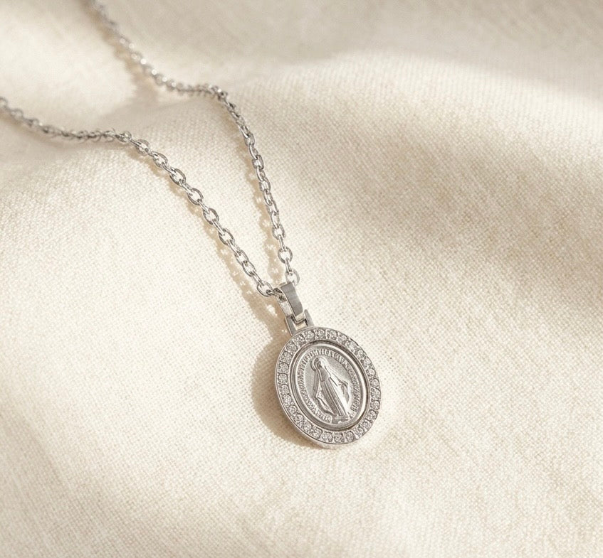 Virgin Mary Oval Full White CZ | 18” Stainless Steel