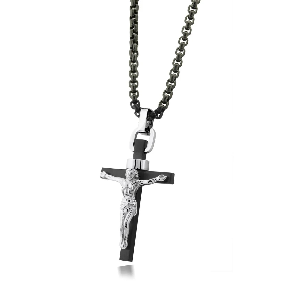 Collier crucifix Jésus pour homme – Chaîne en acier inoxydable noir de qualité supérieure avec éléments en or 14 carats