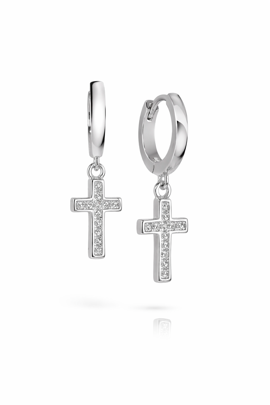 Silver cross hoop dangle earrings with CZ stones Christian jewelry