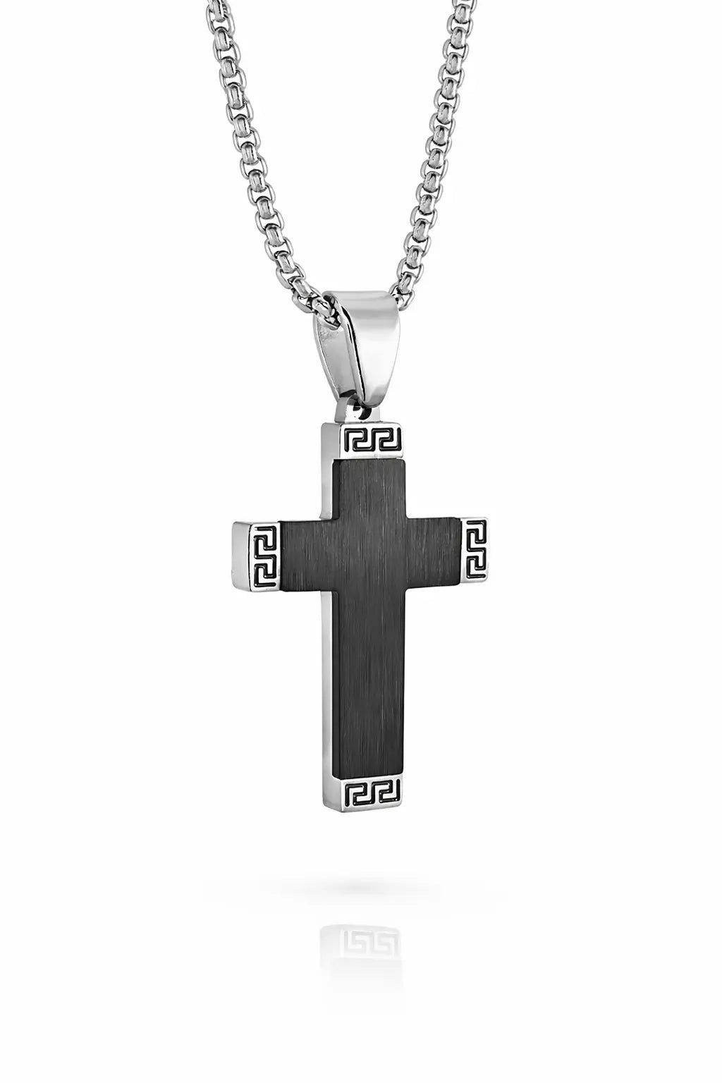 Greek Edge Jesus Cross Necklace | 22” Stainless Steel Christian Pendant Gospel Selections