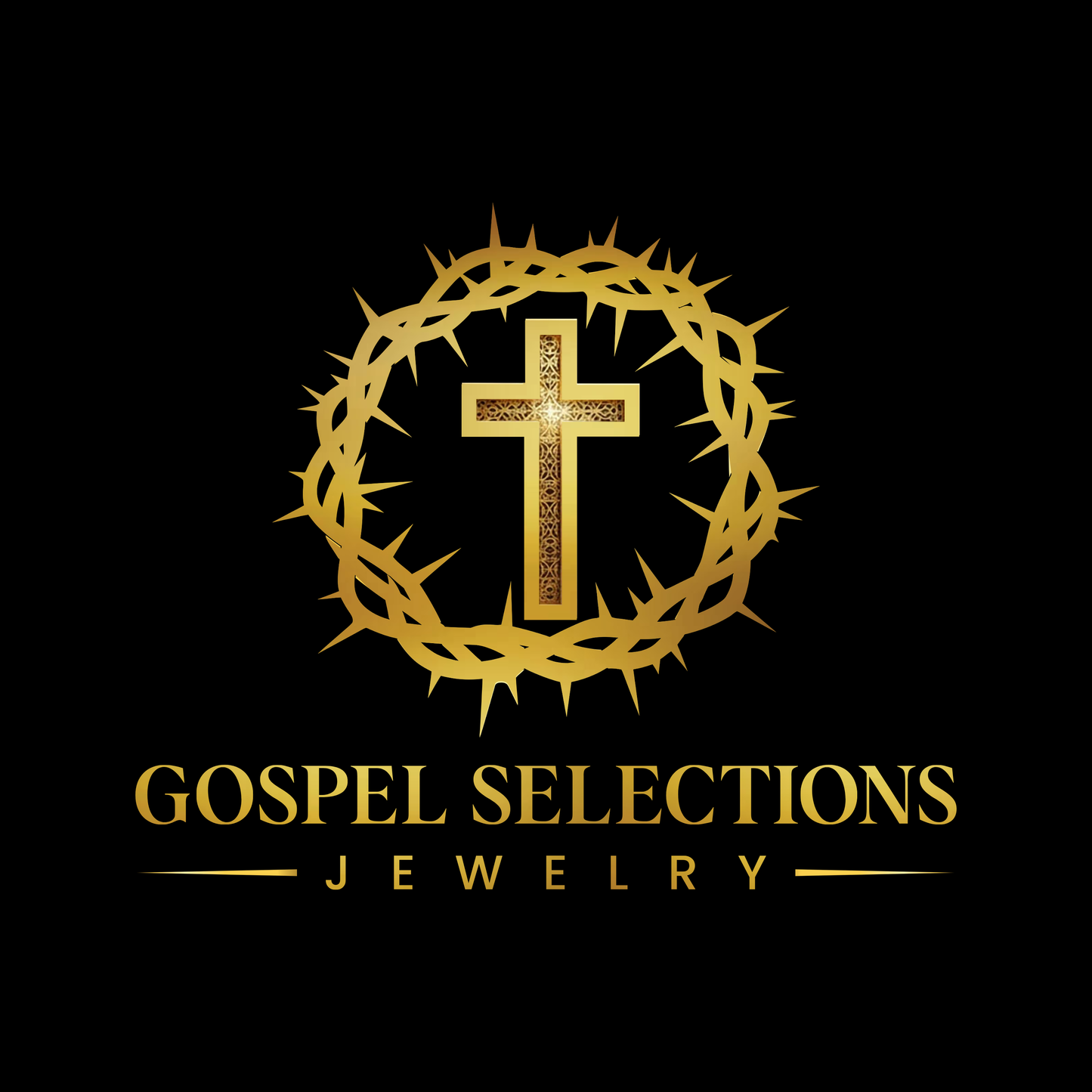 Gospel Selections logo with golden cross and crown of thorns, premium Christian jewelry brand Canada