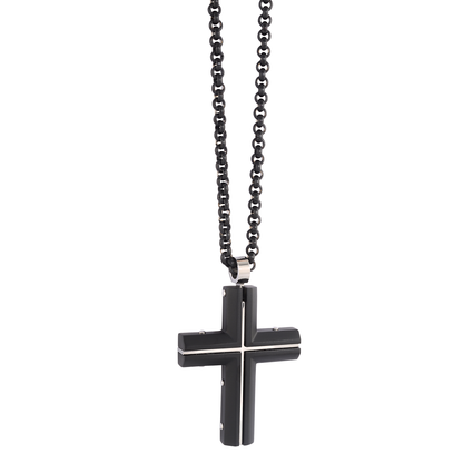 Black cross pendant necklace on a white background, Stainless steel cross necklace, stainless steel pendant, stainless steel cross chain