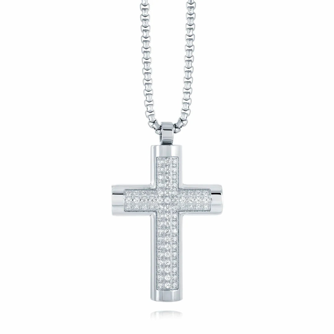 Silver cross pendant necklace with clear stones, Stainless steel cross necklace, stainless steel pendant, stainless steel cross chain