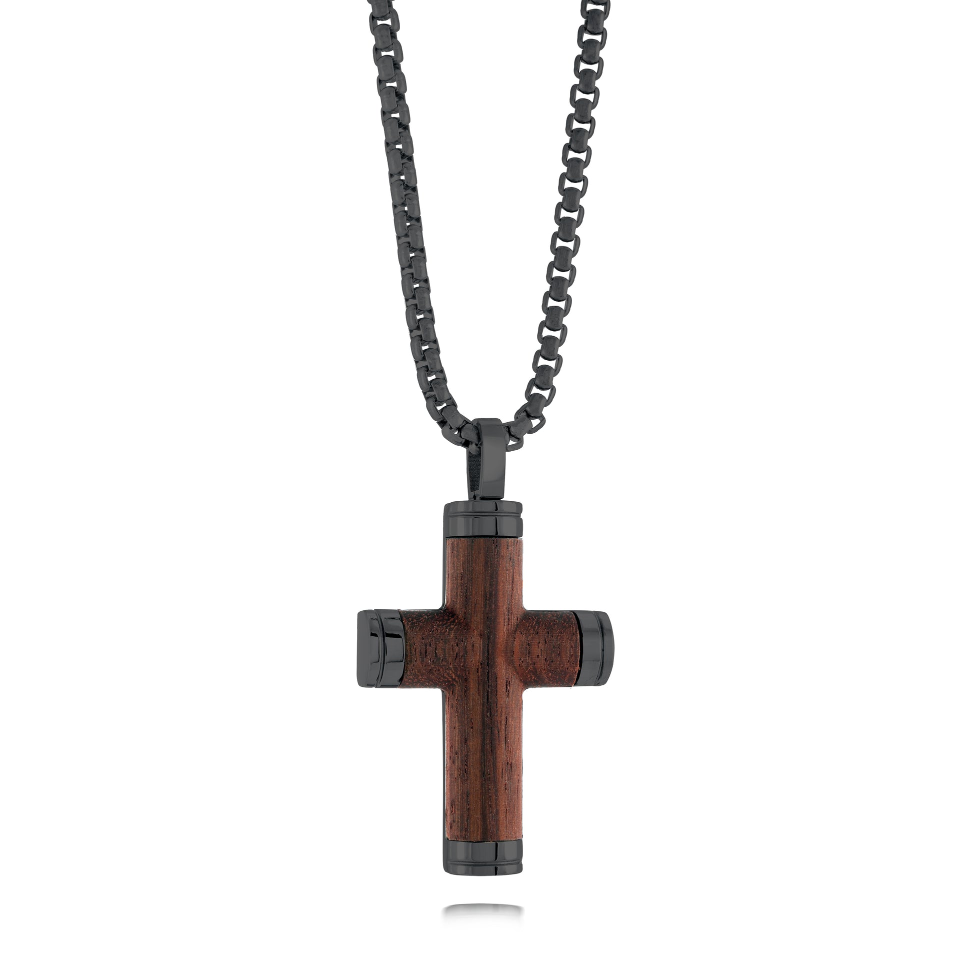 Wooden cross pendant with black accents on a chain against a white background, Stainless steel cross necklace, stainless steel pendant, stainless steel cross chain