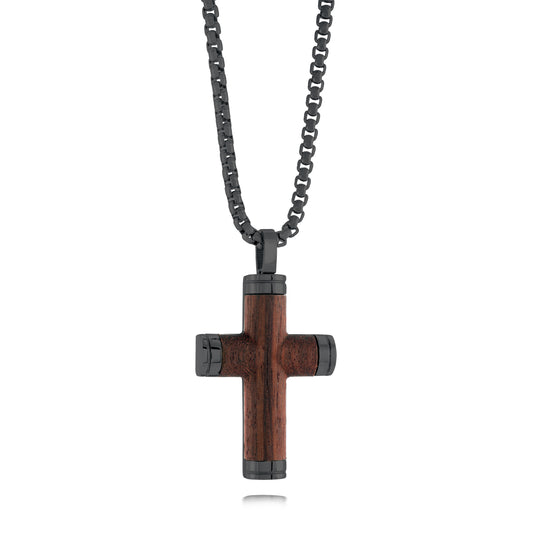 Wooden cross pendant with black accents on a chain against a white background, Stainless steel cross necklace, stainless steel pendant, stainless steel cross chain