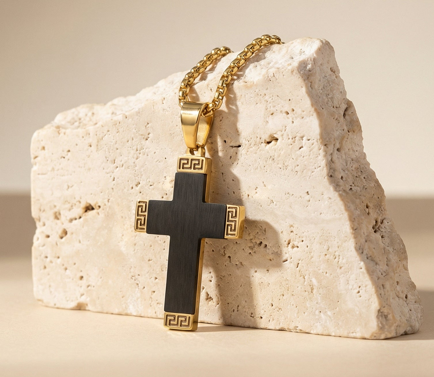Greek Edge Jesus Cross Necklace | 22” Stainless Steel Christian Pendant