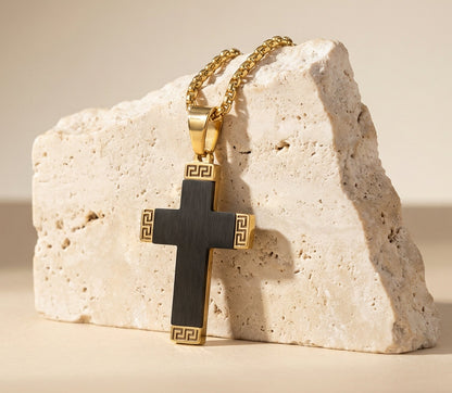Greek Edge Jesus Cross Necklace | 22” Stainless Steel Christian Pendant