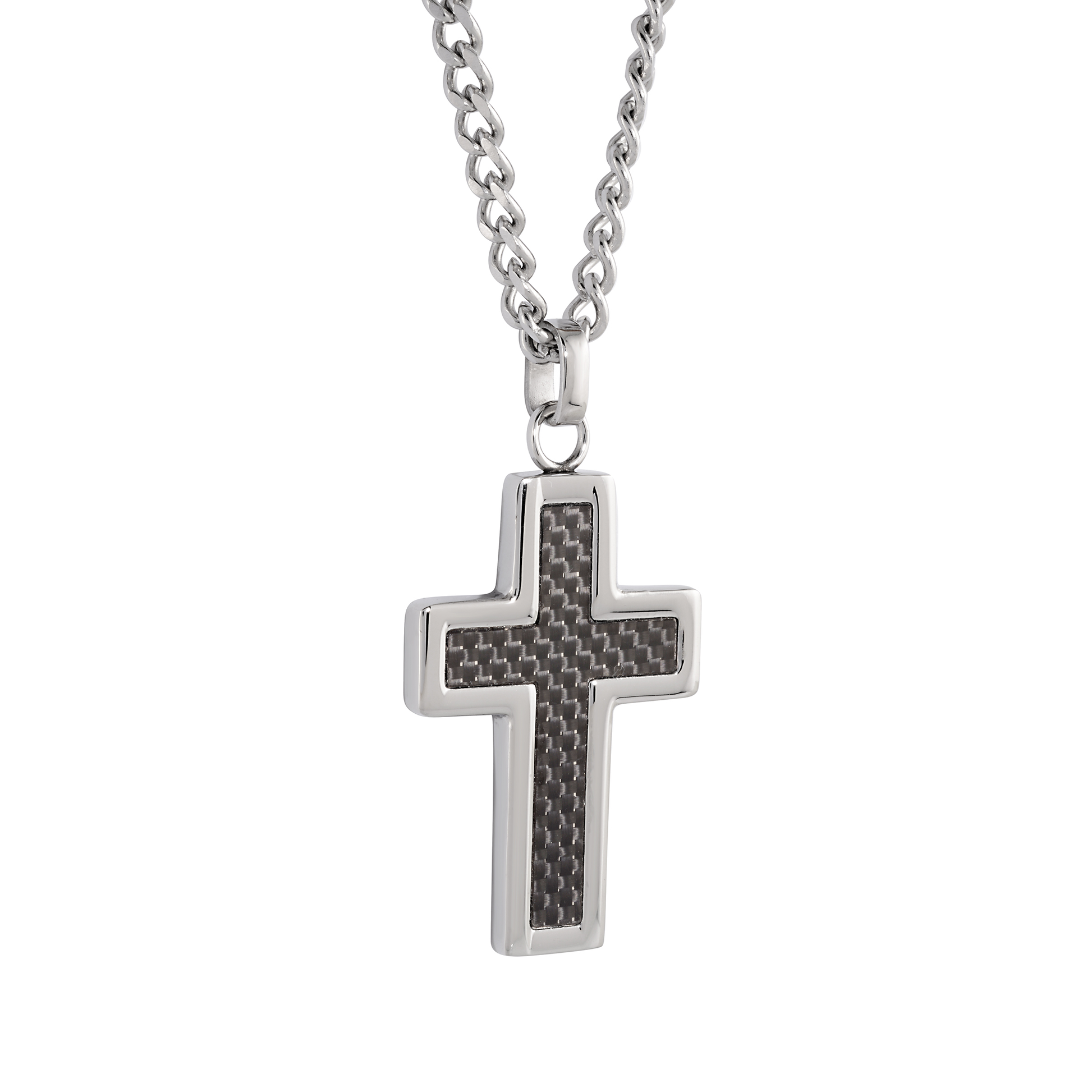Cross pendant necklace with carbon fiber inlay on a white background, Stainless steel cross necklace, stainless steel pendant, stainless steel cross chain