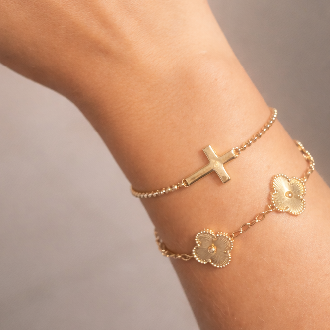 Women wearing cross bracelet faith jewelry minimalist Christian bracelet