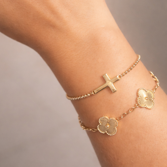 14K Gold or Silver Cross Bracelet | 7.5+1" Premium Stainless Steel
