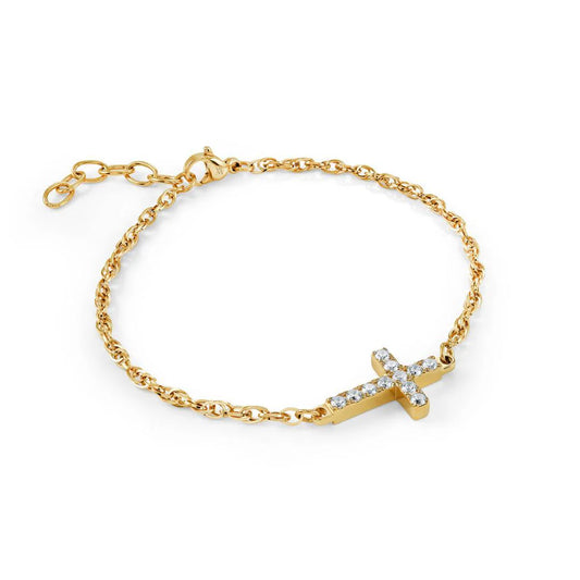 White CZ Cross Bracelet – 6.5+1" 14K Gold Premium Stainless Steel 2.2mm Olympic Link Chain