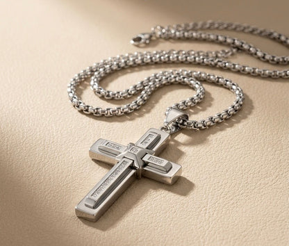 Men’s Stainless Steel White-CZ Domed Centre Cross Necklace – 22" Chain, Christian Jewelry Canada