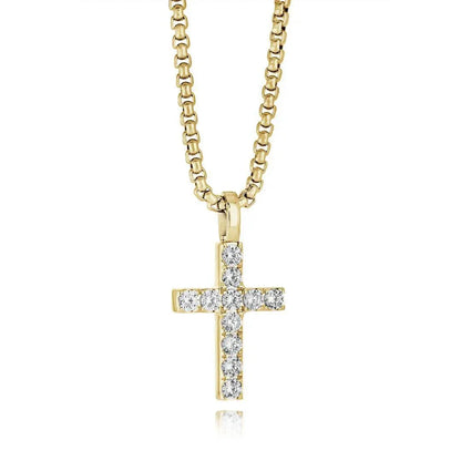Gold Jesus Cross Necklace with sparkling cubic zirconia stones on a 22-inch stainless steel chain