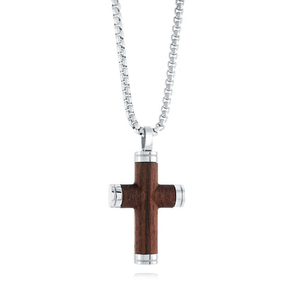 Collier croix en bois - Chaîne en acier inoxydable noir