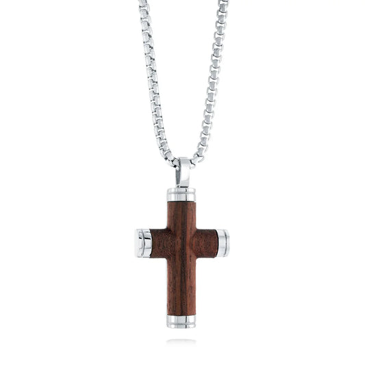 Wood Cross Necklace - Premium 316L Black Stainless Steel Chain