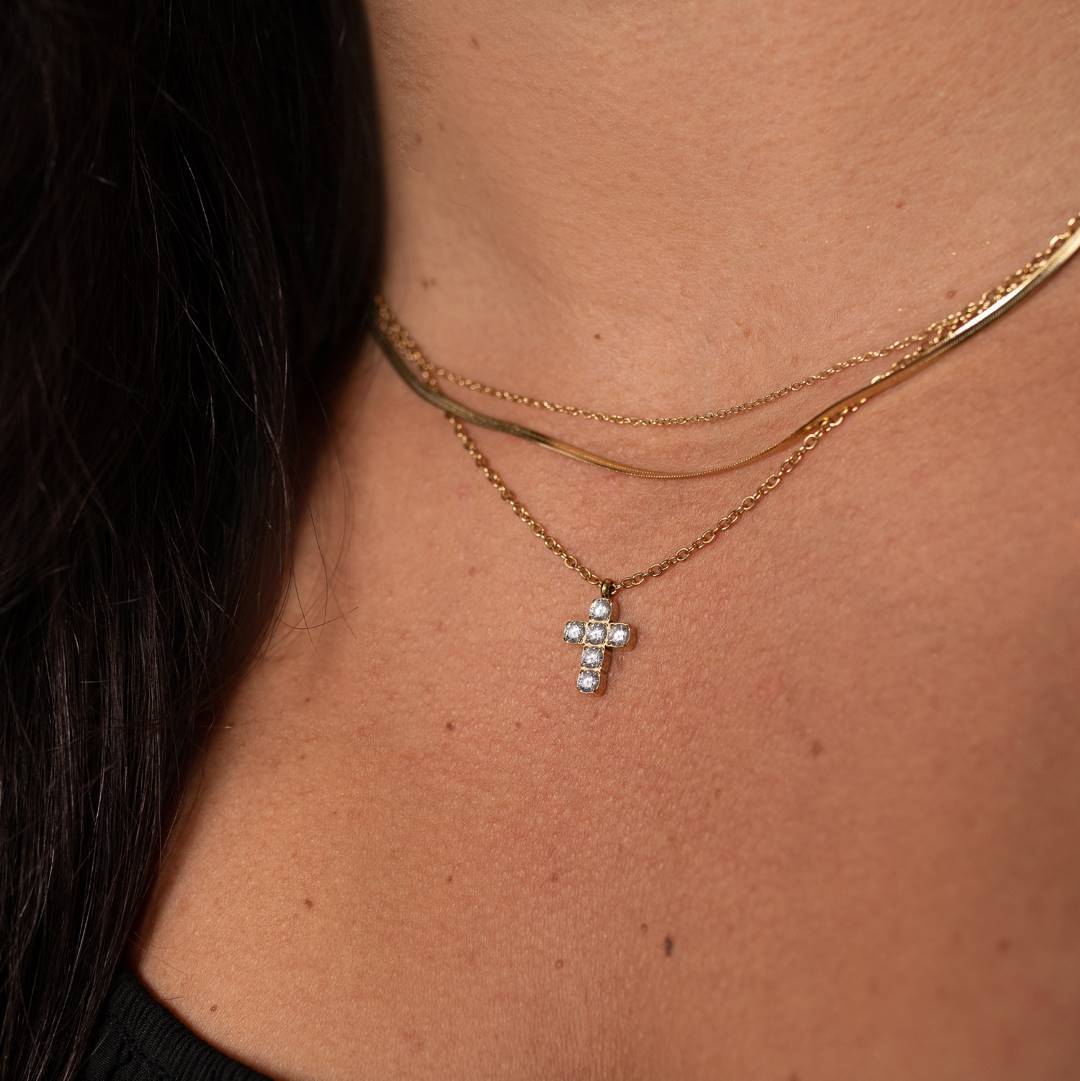Small Cross Necklace with CZ stones - 316L Stainless Steel Chain