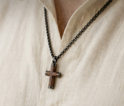 Wood Cross Necklace | 22” Premium Black or Silver Stainless Steel