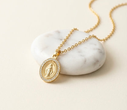 Virgin Mary Oval Full White CZ | 18”  Stainless Steel