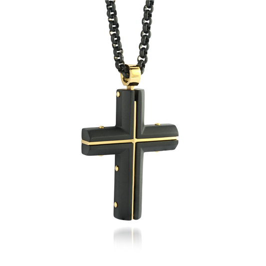 Black and gold cross pendant on a white background, Stainless steel cross necklace, stainless steel pendant, stainless steel cross chain