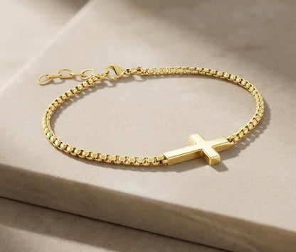 14K Gold or Silver Cross Bracelet – 7.5+1" Box Chain, Premium Stainless Steel, Christian Jewelry