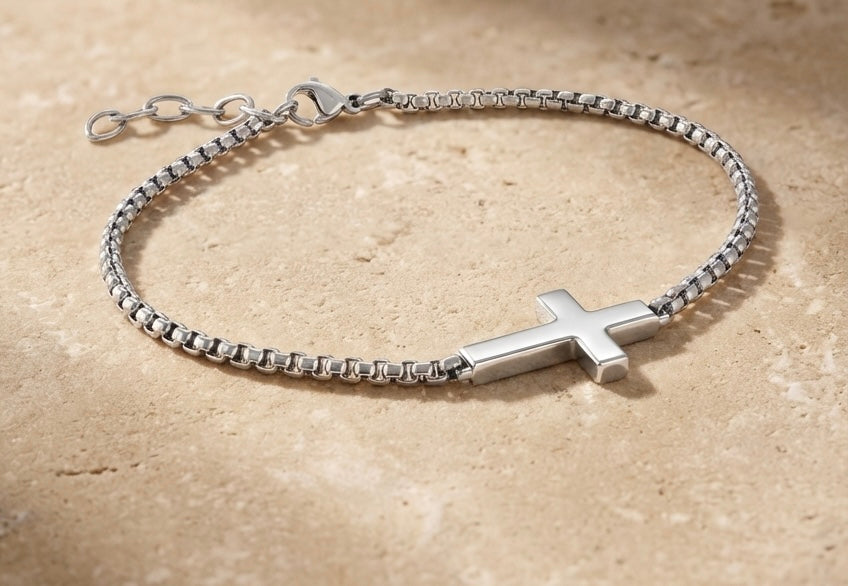 14K Gold or Silver Cross Bracelet – 7.5+1" Box Chain, Premium Stainless Steel, Christian Jewelry