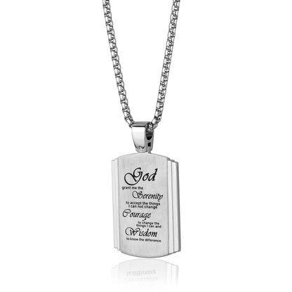 Silver pendant necklace with engraved text on a white background, Stainless steel cross necklace, stainless steel pendant, stainless steel cross chain