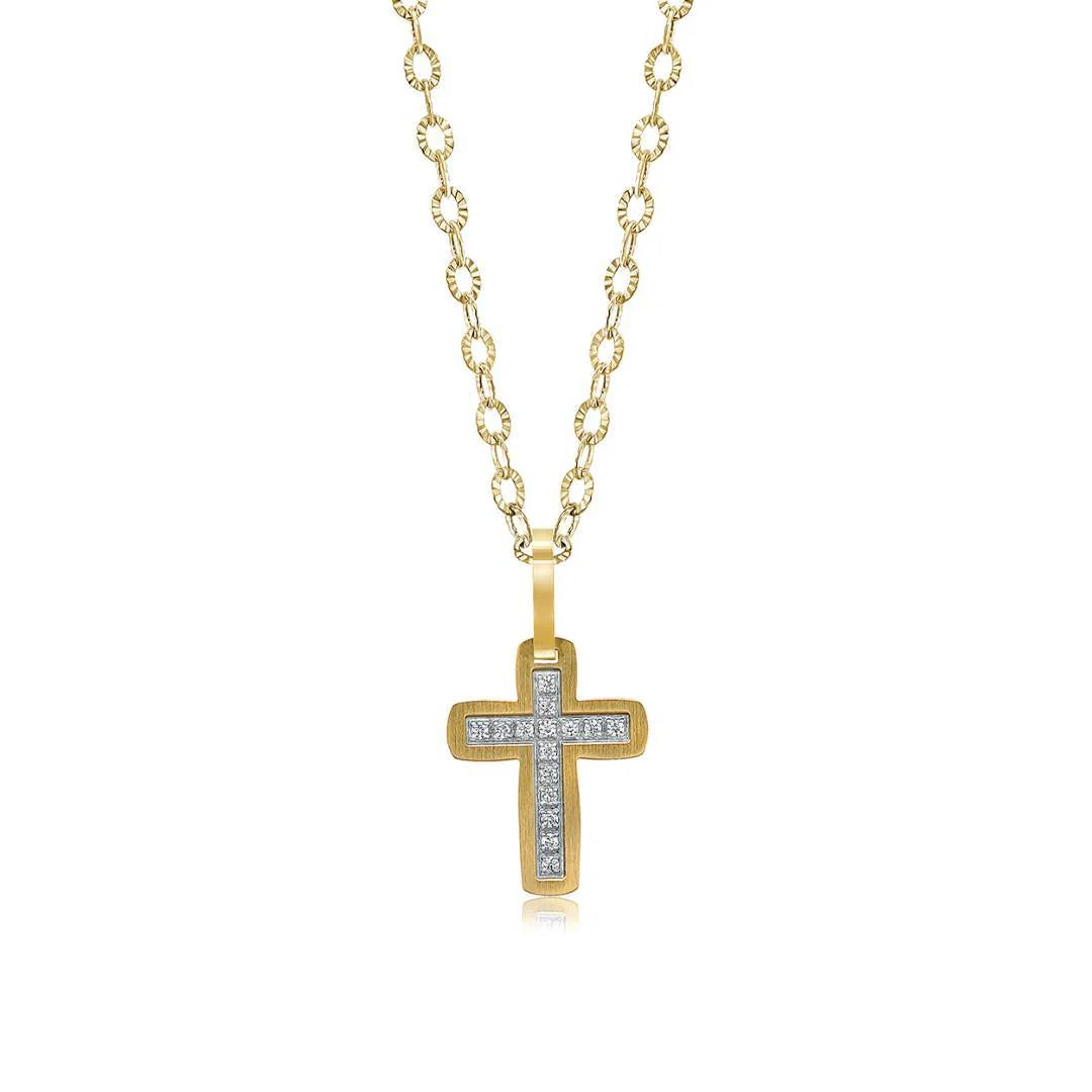 Brushed Gold Cross with CZ Necklace - Premium 316L Stainless Steel Chain