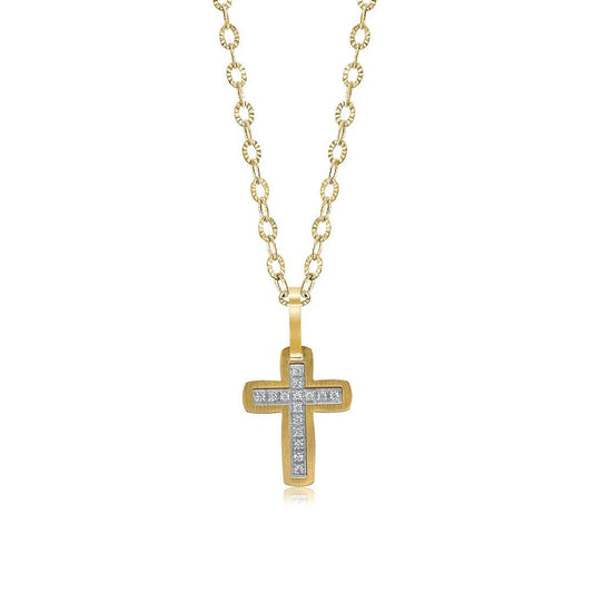 Brushed Gold Cross with CZ Necklace - Premium 316L Stainless Steel Chain