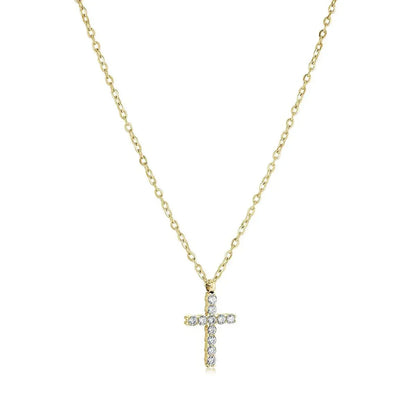Gold crucifix pendant necklace with cubic zirconia stones on delicate chain
