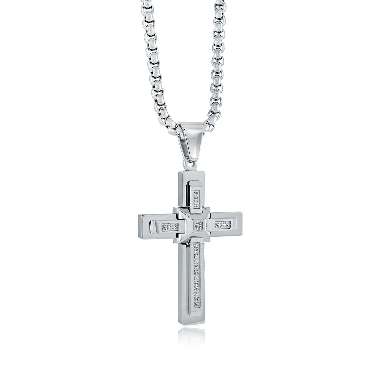 Collier pour homme en acier inoxydable avec croix centrale bombée et zircon blanc – Chaîne de 56 cm (22 po), Bijoux chrétiens Canada