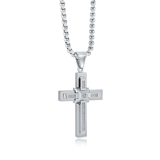 Collier pour homme en acier inoxydable avec croix centrale bombée et zircon blanc – Chaîne de 56 cm (22 po), Bijoux chrétiens Canada