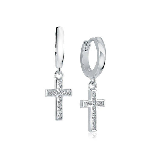 Boucles d'oreilles pendantes en forme de croix – Zirconium blanc, acier inoxydable plaqué or 14 carats ou argent, Bijoux chrétiens Canada
