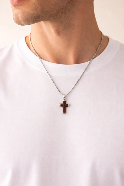 Wood Cross Necklace | 22” Premium Black or Silver Stainless Steel Gospel Selections