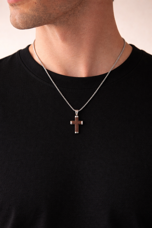 Wood Cross Necklace | 22” Premium Black or Silver Stainless Steel
