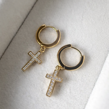 Boucles Créoles Pendantes Croix | Zircon blanc, Acier Inoxydable Plaqué Or 14k ou Argenté
