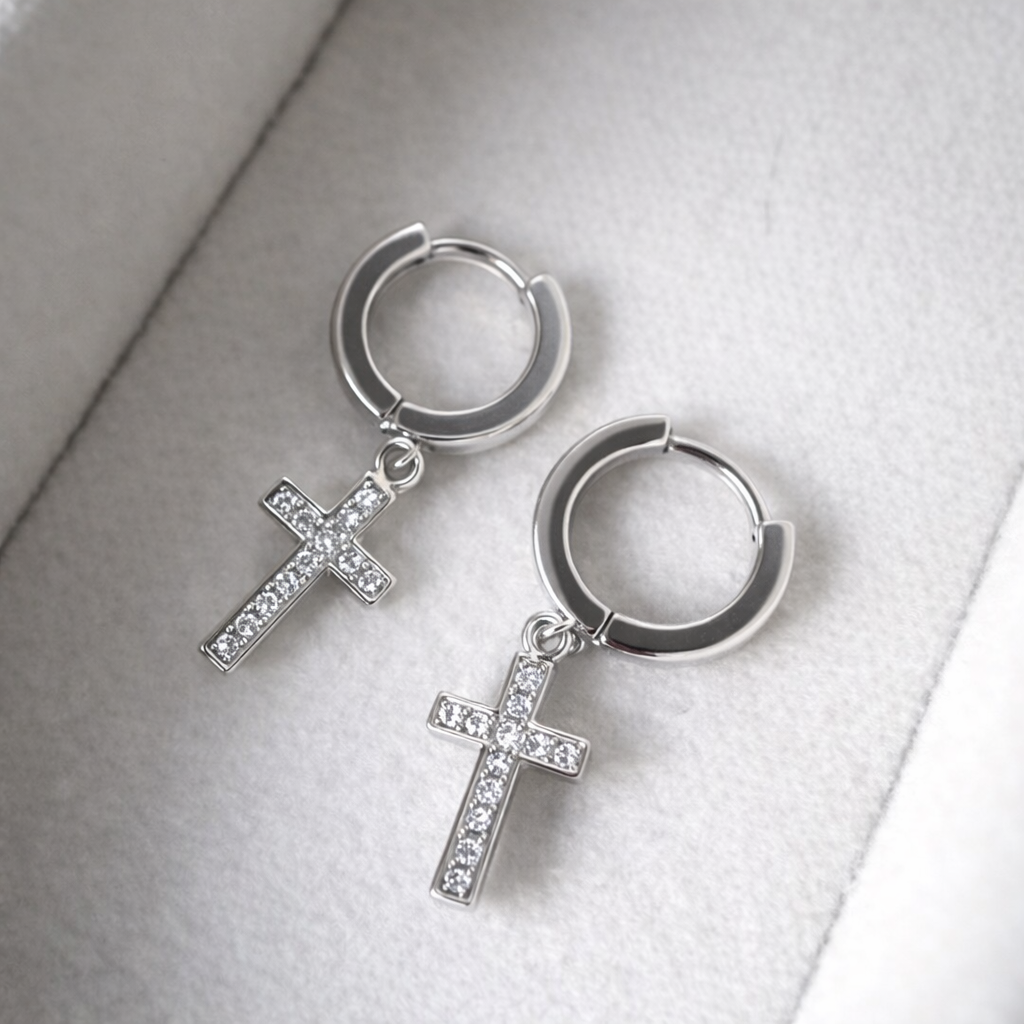 Boucles Créoles Pendantes Croix | Zircon blanc, Acier Inoxydable Plaqué Or 14k ou Argenté