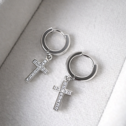 Boucles Créoles Pendantes Croix | Zircon blanc, Acier Inoxydable Plaqué Or 14k ou Argenté