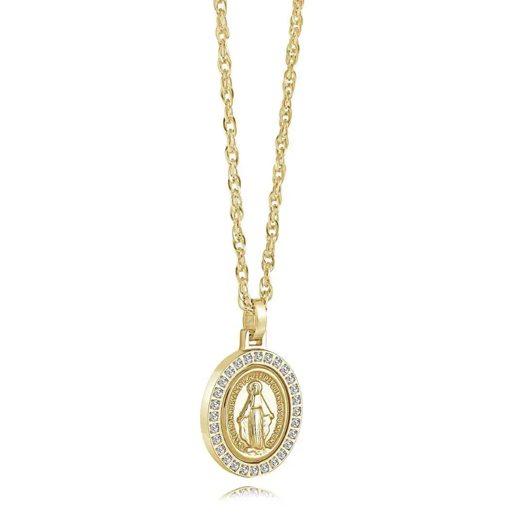 Gold Miraculous Medal Necklace with oval Virgin Mary pendant and CZ crystal accents on 18-inch chain