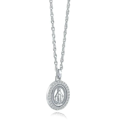 Miraculous Medal Necklace with oval Virgin Mary pendant and CZ crystal halo on stainless steel chain
