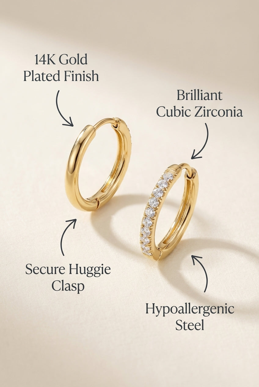 Eternity Huggie Hoop Earrings – Silver or 14K Gold Plated Premium Stainless Steel