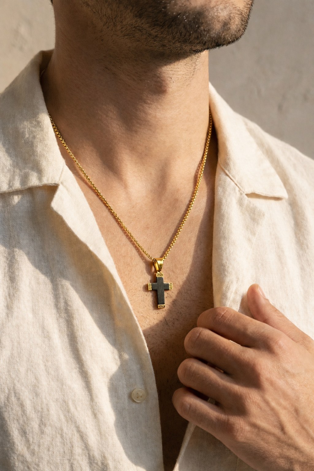 Greek Edge Jesus Cross Necklace | 22” Stainless Steel Christian Pendant