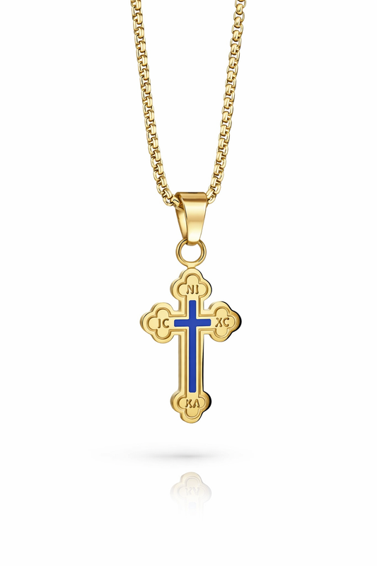 Gold Orthodox cross necklace with blue enamel Christian faith jewelry stainless steel 