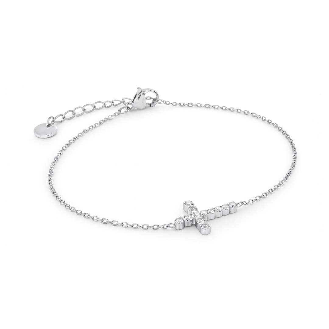 White CZ Cross Bracelet | 6.25+1" 14K Gold or Silver Stainless Steel Gospel Selections