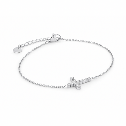 White CZ Cross Bracelet | 6.25+1" 14K Gold or Silver Stainless Steel Gospel Selections