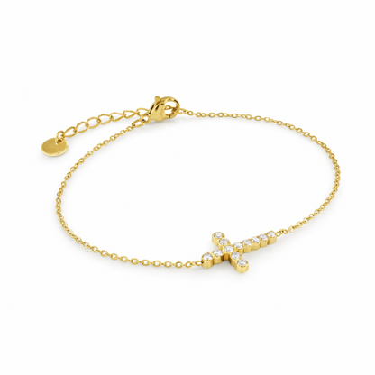 White CZ Cross Bracelet | 6.25+1" 14K Gold or Silver Stainless Steel Gospel Selections
