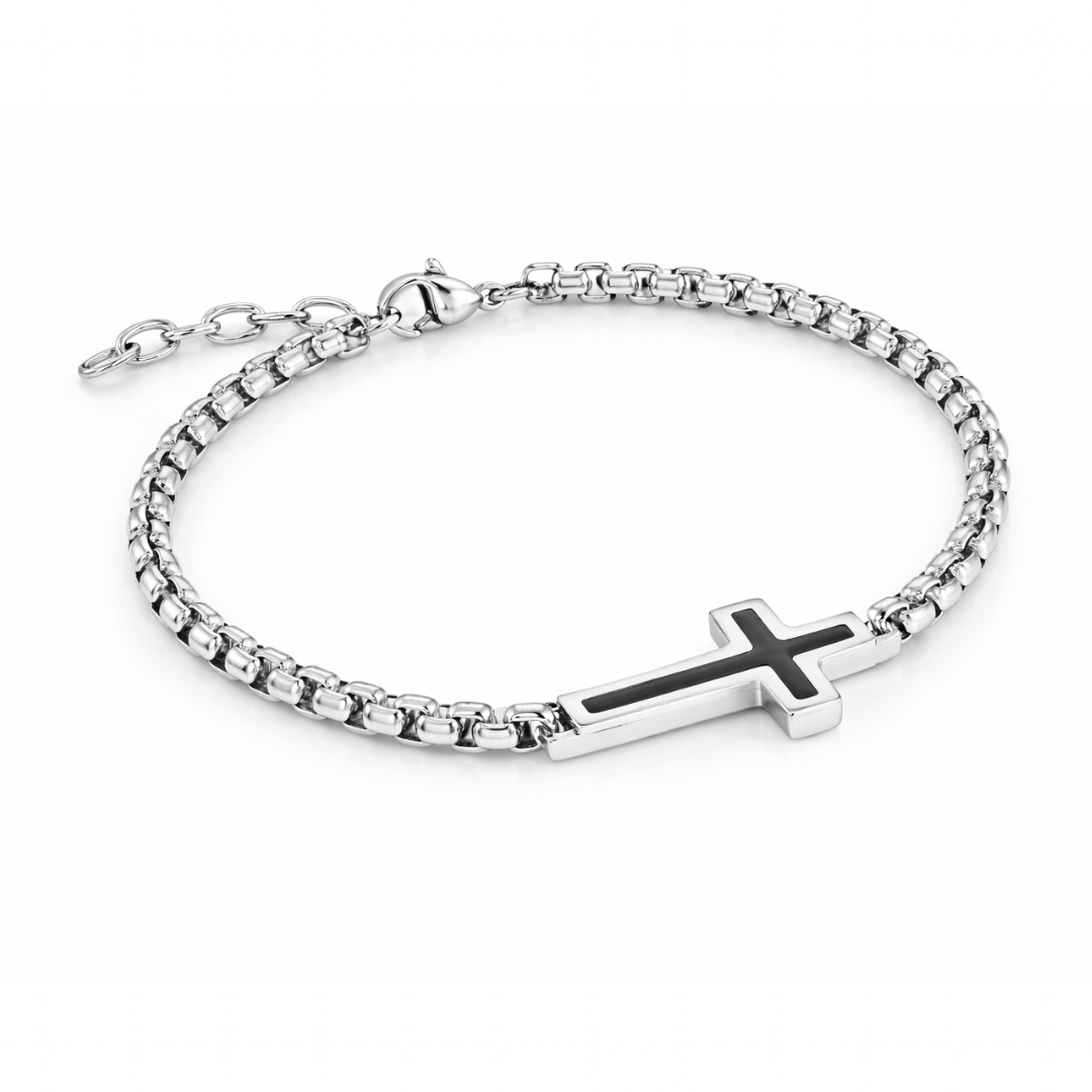 Middle Black Cross Bracelet | 4MM Box-Link 7.5+1" Gospel Selections