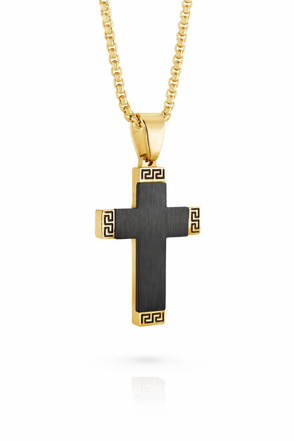 Greek Edge Jesus Cross Necklace | 22” Stainless Steel Christian Pendant Gospel Selections